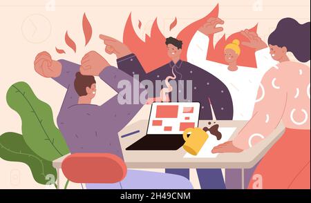 Office conflict concept. Expressing feelings, business quarrel. Stress on work, negative people in flame. Discontent communication utter vector scene Stock Vector
