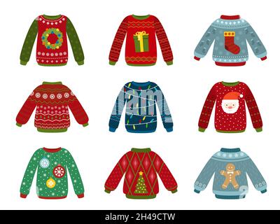 Christmas holiday sweater. Ugly sweaters, xmas jumper. Flat winter warm clothes with festive elements. Isolated new year objects recent vector set Stock Vector
