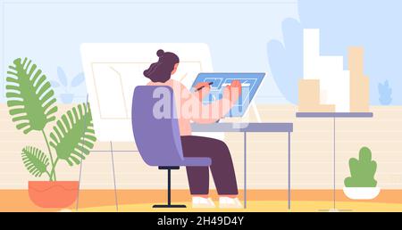 Female architect. Woman working house, professional urban technical project. Engineering and construction, real estate office utter vector location Stock Vector