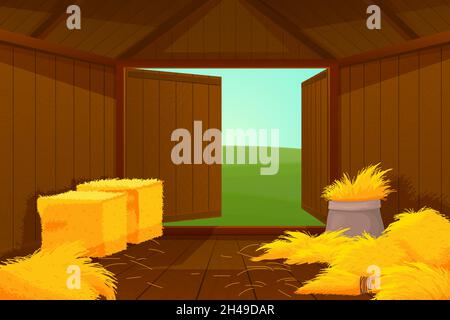 Inside barn house. Cartoon farm wooden, hay or straw inside. Door open into meadow, shed for instruments and agriculture tools recent vector scene Stock Vector