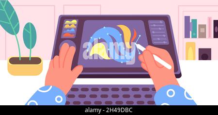 Animation process. Computer graphic screen, animator artist create motion movie. Professional video editor, home game studio utter vector concept Stock Vector