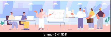 Architect meeting. Engineers in office, construction workers discuss working plan. Flat planning, team generating ideas utter vector illustration Stock Vector