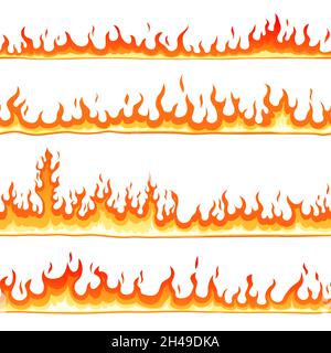 Fire seamless pattern. Cartoon blaze, hot flames borders lines. Hell elements, isolated bonfire or blaze. Flat comic flaming recent vector background Stock Vector