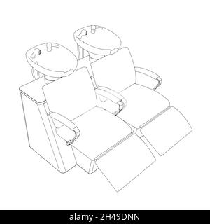 Contour of two chairs for washing a head in a salon from black lines, isolated on a white background. Isometric view. Vector illustration Stock Vector