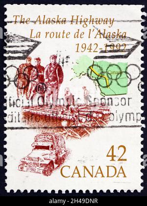 CANADA - CIRCA 1992: a stamp printed in Canada shows Alaska highway, 50th anniversary, circa 1992 Stock Photo