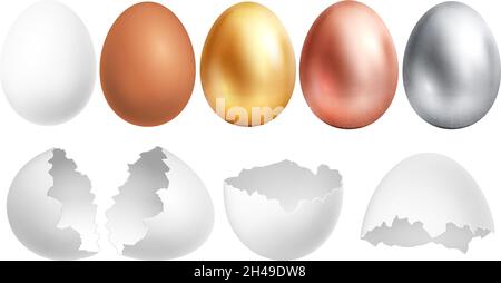 Realistic eggs. White egg and broken shell, golden silver bronze easter hunting elements. Farm product vector set Stock Vector