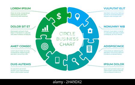 Puzzle circle infographics. Puzzles piece in round diagram, step by step business process. Start project with jigsaw recent vector template Stock Vector