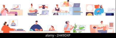 Online students. Home education, virtual school diverse professions. Web training stream, people study cook, knit, sing on video tutorial utter vector Stock Vector