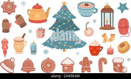 Christmas bundle. Gingerbreads, xmas tree and cozy things. Scandinavian new year decorative elements, coffee and sweets vector set Stock Vector