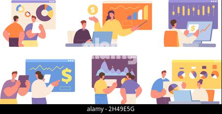 Finance analysis characters. Funding advice, budget planning. Office people study charts and diagram. Business commerce, financial utter vector set Stock Vector