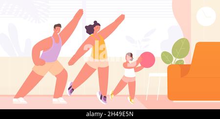 Home workout. Healthy exercising, family stretching. Parents and child fitness training, doing morning exercises. Sport activities utter vector scene Stock Vector