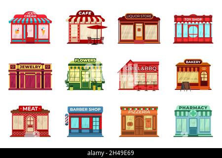 Cartoon flat shop facades. Different stores, local storefront or retail in town. Pharmacy, restaurant on city street. Commercial buildings recent Stock Vector