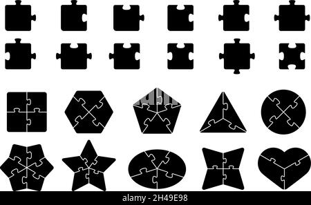 Jigsaw elements. Puzzle shapes template, black pieces for game or hand made. Game details, teamwork metaphor. Puzzles recent vector grids Stock Vector