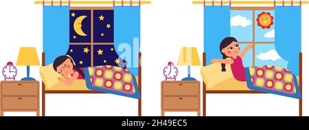 Sleep and wake up. Girl stretching in bed, healthy sleeping. Night and morning, kid relaxing in bedroom. Early sunrise, awakened baby decent vector Stock Vector