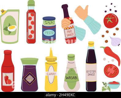 Different sauces. Tomato curry sauce, red bottles. Soy, ketchup and mayonnaise in pack. Isolated hot and spicy topping for food, decent vector kit Stock Vector