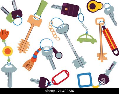 Different key collection. Keys on keychain, elements for opening apartments, cars, diverse padlocks. Property or home accessories, decent vector set Stock Vector