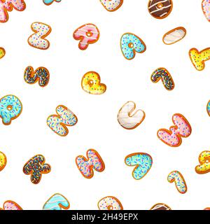 Glazed cookies. Baked biscuits letters, numbers seamless pattern. Sweet bakery print, dessert vector background Stock Vector