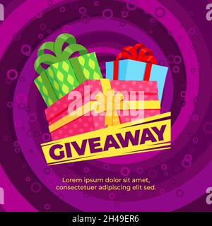 Giveaway banner template. Winning offer, gifts or sale winner card. Minimal bright poster with colorful surprise boxes, event present recent vector Stock Vector