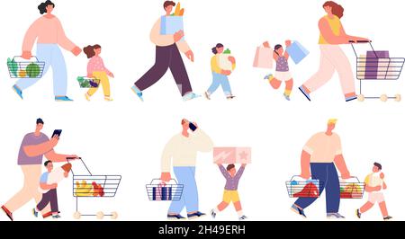Shopping family. Isolated people buy food, shop or market customers. Parents with children holding bags, weekend shoppers utter vector characters Stock Vector