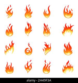 Cartoon flame collection. Hot fire flames, isolated glowing red heat. Heating graphic elements, torch effect. Bonfire shapes recent vector icons Stock Vector