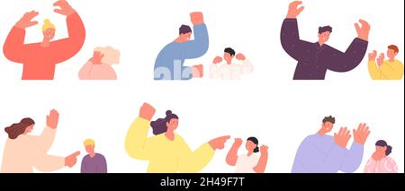 Parents and children conflict. Family violence, child abuse. Adults scream on scared kids, aggressive expression emotions utter vector set Stock Vector