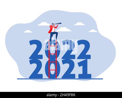 businessman climb up ladder to see through telescope on year 2022 number for compare 2020.Future Goal And Plans.Business target concept flat vector il Stock Vector