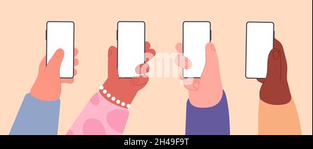 Hands with empty phones. Smartphone with blank screen in human hand. Flat network or social media, mobile device for marketing utter vector banner Stock Vector
