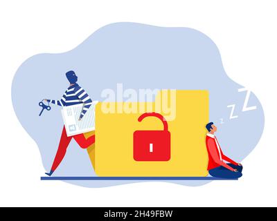 Pirate  steal data ,hacker attack on file while business sleeping vector illustration. Attack hacker to data, phishing and hacking crime Stock Vector