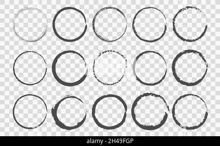 Set of circle brushes elements. Different circle brush strokes on transparent background. Grunge round shapes. Boxes, frames for text, labels, logo, grunge. Vector illustration Stock Vector