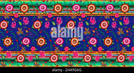 Seamless Mexican floral embroidery pattern, colorful native flowers folk fashion design. Embroidered Traditional Textile Style of Mexico, colors strip Stock Vector