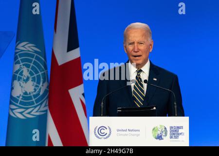 Glasgow, Scotland, UK. 1st November 2021.  US President Joe Biden gives speech to the COP26 UN climate change conference in Glasgow.  Iain Masterton/Alamy Live News. Stock Photo