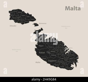 Black map of Malta with names of regions, design blackboard vector Stock Vector