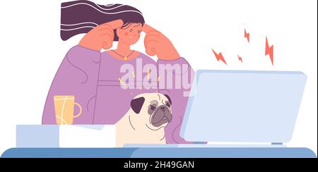 Tired office woman. Stress work, burnout and mental exhausted. Girl with indignant dog sit at computer. Workaholic or emotional student utter vector Stock Vector