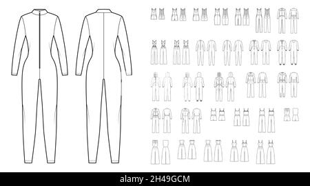 Set of jumpsuits overall technical fashion illustration with mini midi knee ankle length, long sleeves, straps, strapless, pockets. Flat front, back, white color style. Women, men unisex CAD mockup Stock Vector