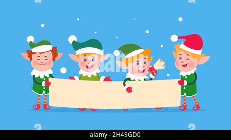 Merry Christmas message. Santa elf holding banner, cute cartoon elves. Tales characters vector poster Stock Vector