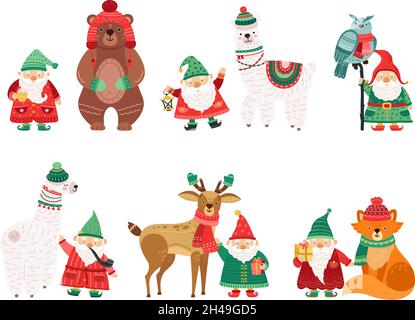 Holiday winter characters. Christmas dwarfs with animals in knit hats and scarves. Isolated scandi cartoon man with white beard vector set Stock Vector