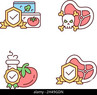 Food production certification RGB color icons set Stock Vector