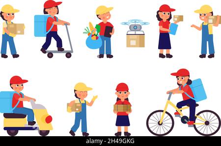 Delivery man. Job for young, food logistic workers. Courier on scooter and bicycle, postman with parcels. Girl hold pizza and boy with boxes decent Stock Vector