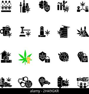 Cannabis in everyday life black glyph icons set on white space Stock Vector