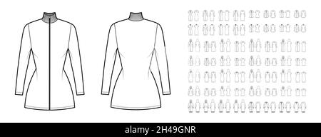 Set of sport Dresses technical fashion illustration with long short elbow sleeves, pouch, oversized fitted body, hoody collar. Flat apparel front, back, white color style. Women men, unisex CAD mockup Stock Vector