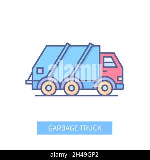 Garbage truck - modern line design style icon on white background. Neat detailed image of massive vehicle used for transporting cargo and cleaning urb Stock Vector