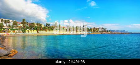 Panoramic view of bay and  Mediterranean coastline in San Remo. Liguria, Italy Stock Photo