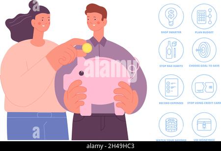 Save money ways. Cost saving infographic, savings finance. Budget planning, pig saved cash. Salaries plan and money management utter vector concept Stock Vector