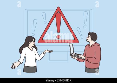 Distressed people use computer have operational error notification on screen. Stressed man and woman see mistake system warning on laptop. Repair, device breakdown. Flat vector illustration.  Stock Vector