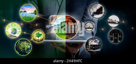 Businessman fighting climate change. Concept of renewable energies. Love solar energy in nature. Biodiversity sustainability. 3D Render Stock Photo