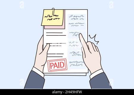 Person hands with stack of documents and bills with paid notice. Man hold invoices or sheets about debt or expense payment. Finances, banking concept. Flat vector illustration, cartoon character.  Stock Vector