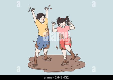 Happy small children jump in mud have fun outdoor. Smiling little kids play in dirty puddle in street. Manner and behavior, upbringing, childhood concept. Vector illustration, cartoon character.  Stock Vector