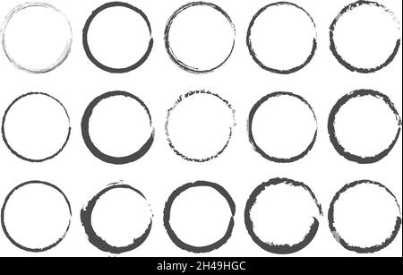 Set of circle brushes elements. Different circle brush strokes. Grunge round shapes. Boxes, frames for text, labels, logo, grunge. Vector illustration Stock Vector