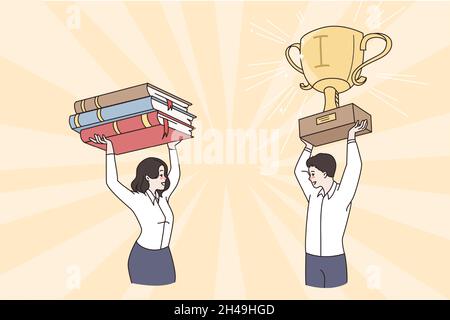People carry book pile and gold prize in hands. Smiling student get award study learn online, graduate from university or college. Good quality course, distant education concept. Vector illustration.  Stock Vector