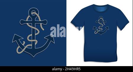 Anchor with roppe, marine t-shirt graphics design, blue background vector Stock Vector
